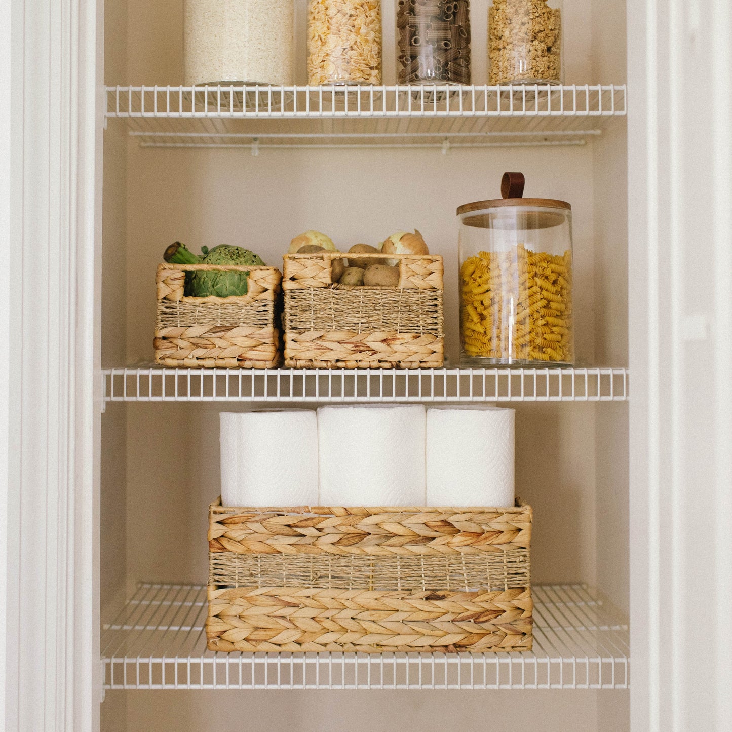 Rectangular Water Hyacinth and Seagrass Storage Baskets, Set of 4