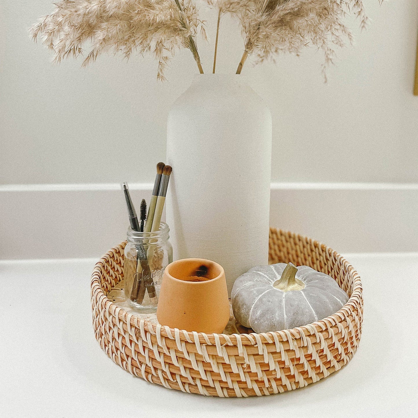 Mother of Pearl Inlay Rattan Wicker Tray Set