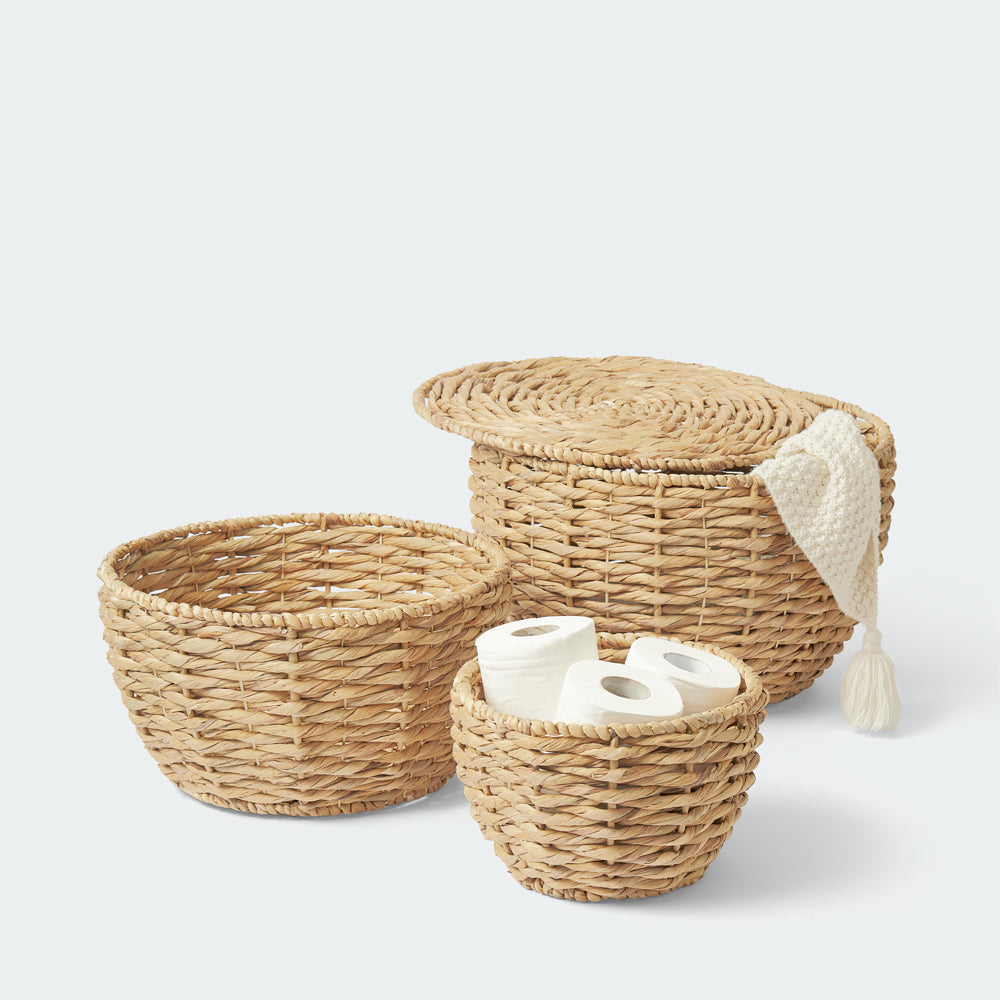 Large Round Water Hyacinth Baskets with Lids, Set of 3
