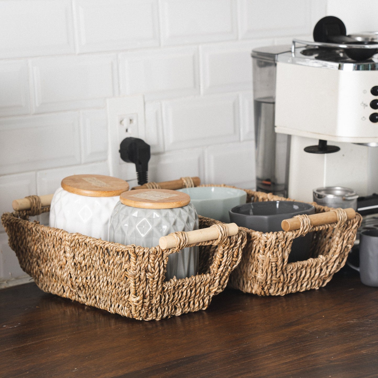 Shallow Seagrass Basket With Wooden Handles, Set of 2