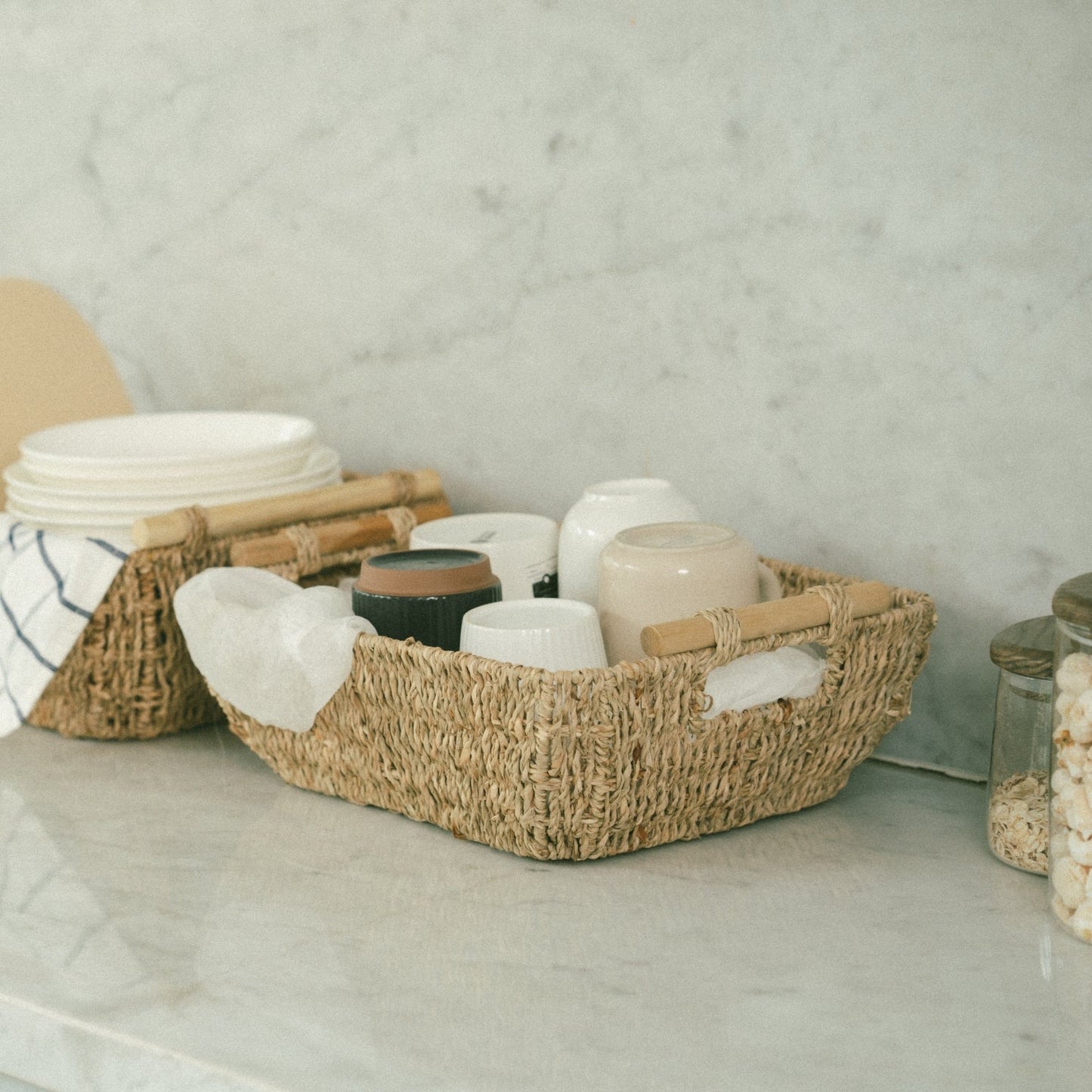Shallow Seagrass Basket With Wooden Handles, Set of 2