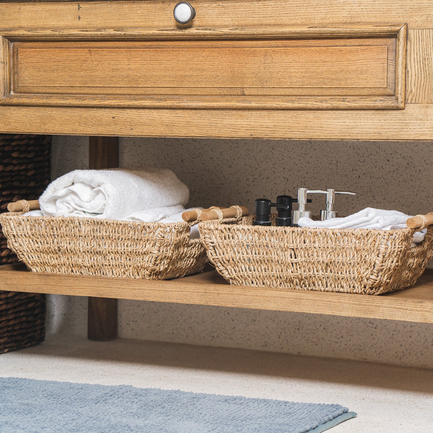 Shallow Seagrass Basket With Wooden Handles, Set of 2