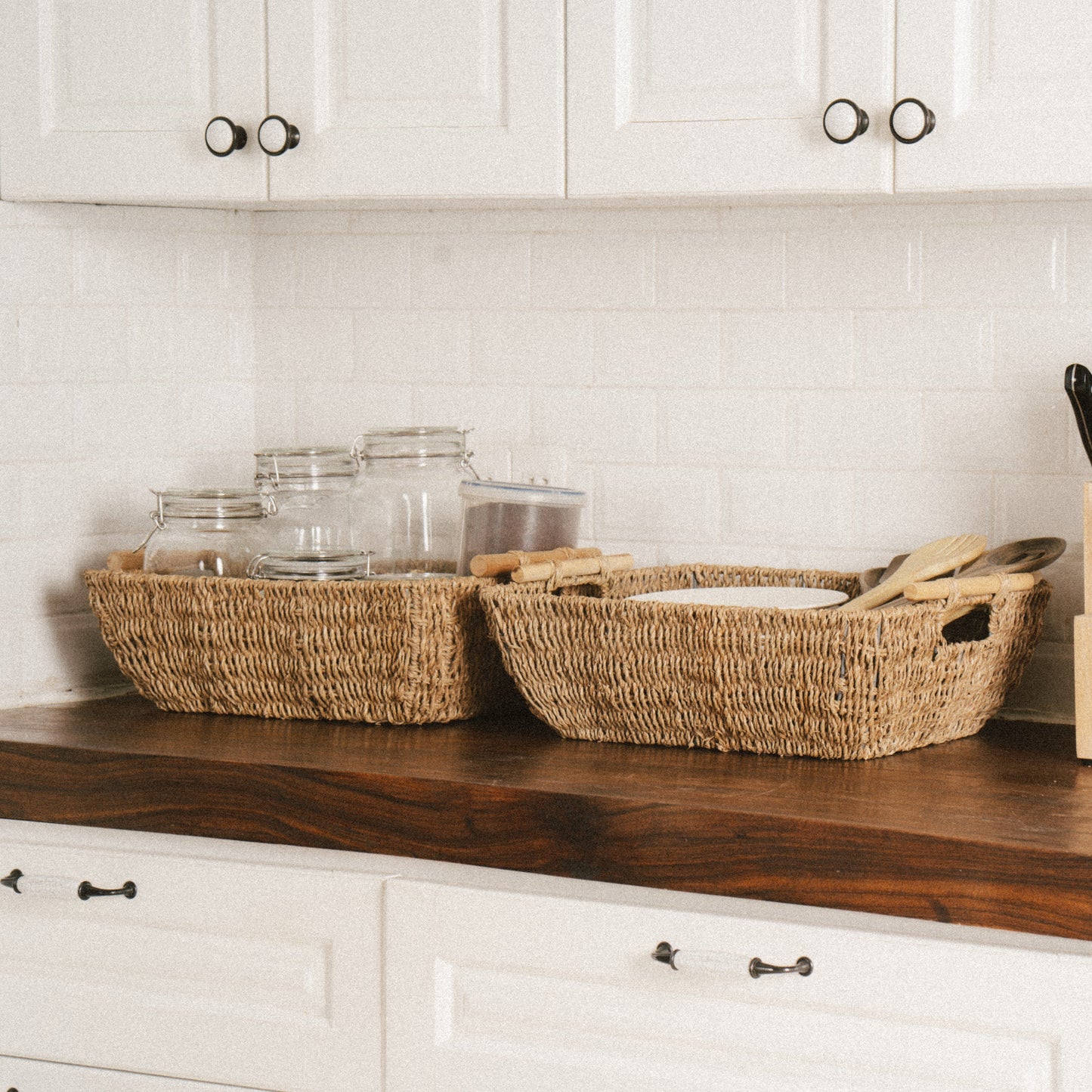 Shallow Seagrass Basket With Wooden Handles, Set of 2