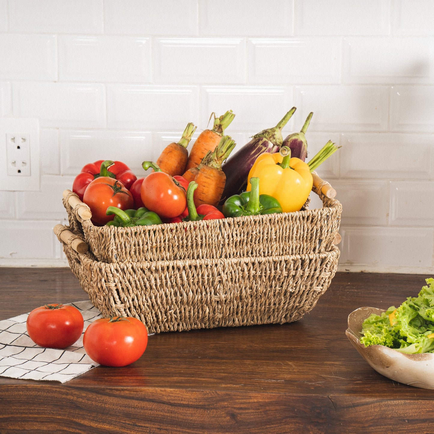 Shallow Seagrass Basket With Wooden Handles, Set of 2