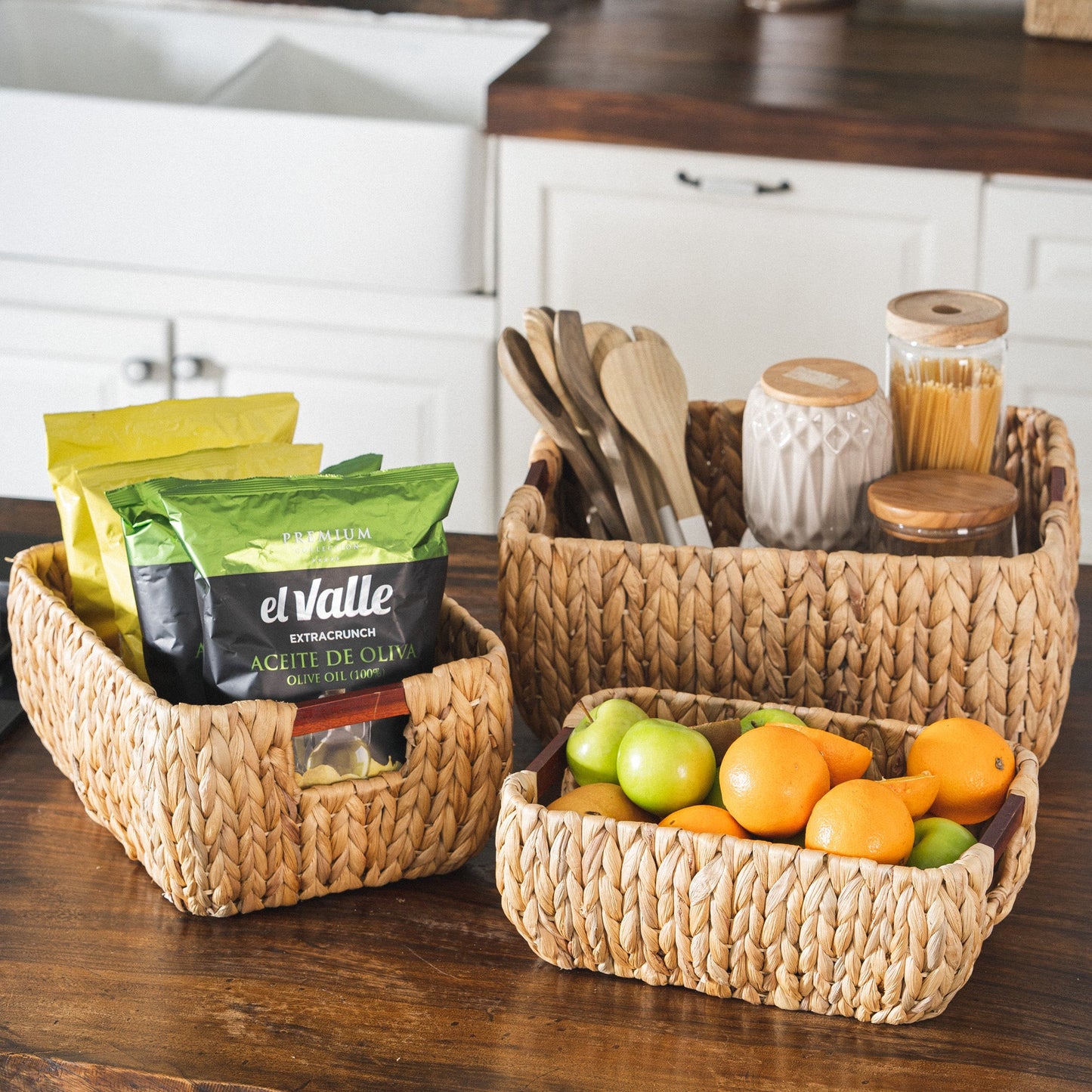 Water Hyacinth Storage Basket with Wood Handles, Set of 3