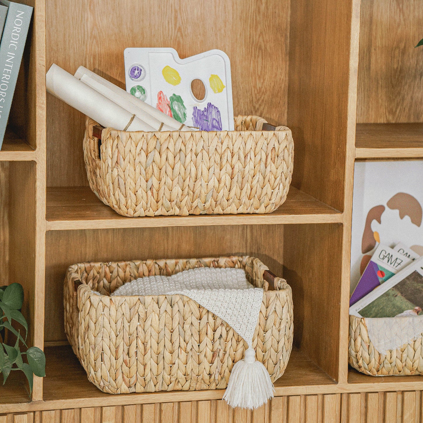 Water Hyacinth Storage Basket with Wood Handles, Set of 3