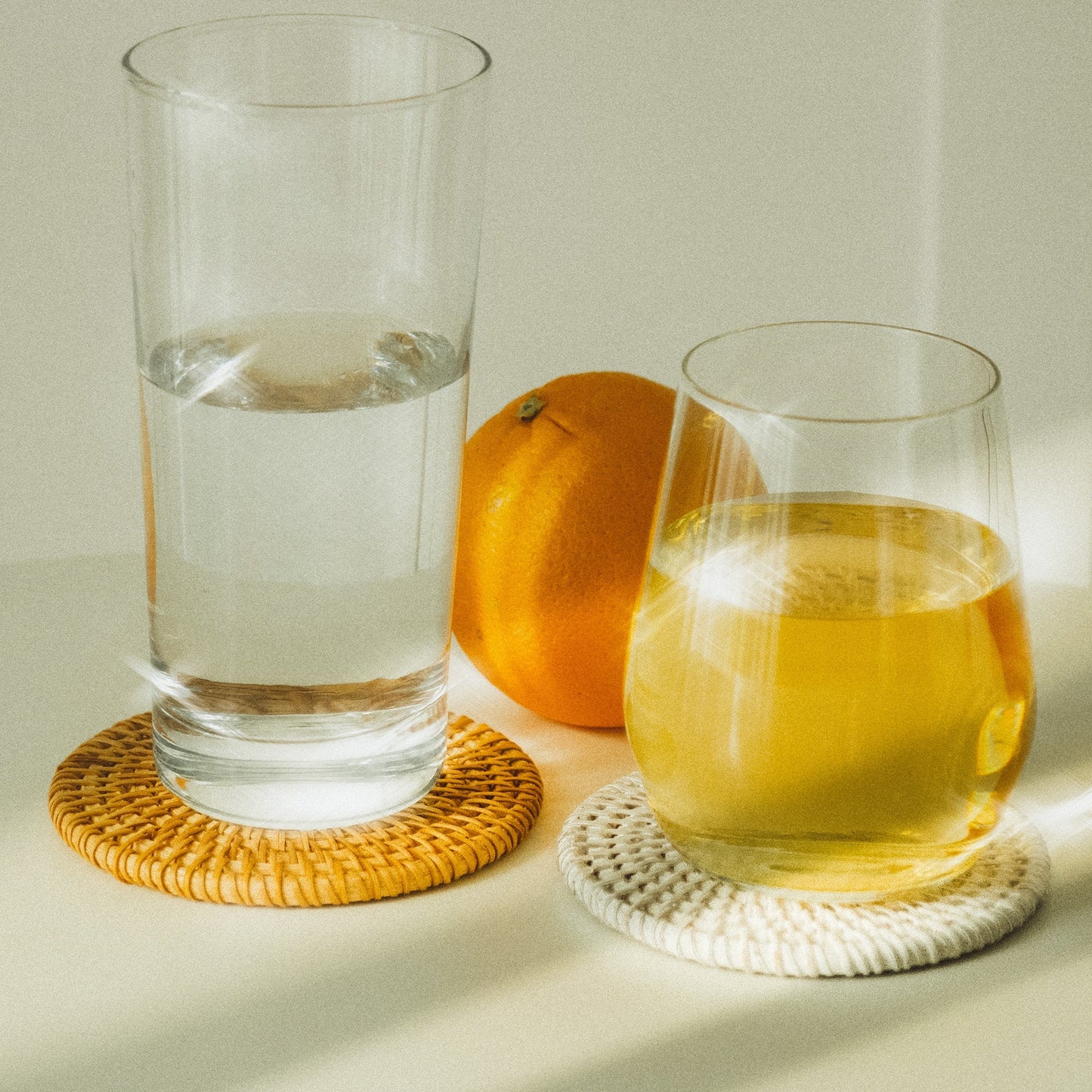 Round White and Orange Rattan Coaster Set of 6