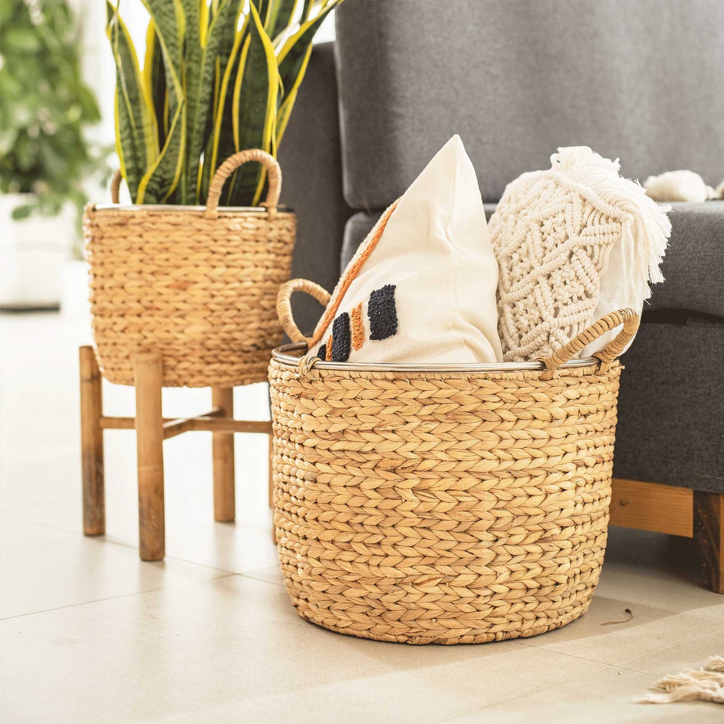 Round Water Hyacinth Wicker Basket Set Of 2