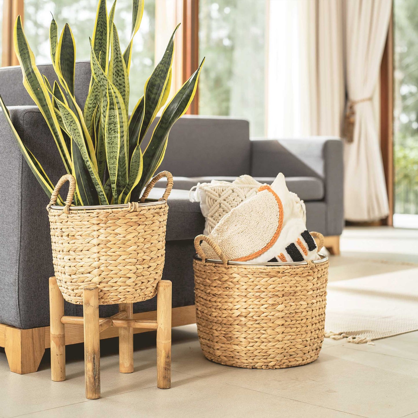 Round Water Hyacinth Wicker Basket Set Of 2