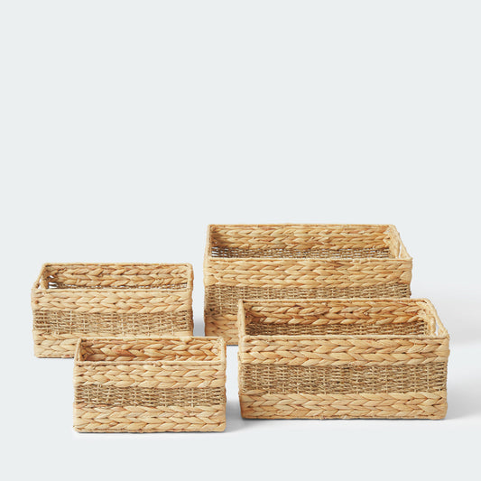 Rectangular Water Hyacinth and Seagrass Storage Baskets, Set of 4