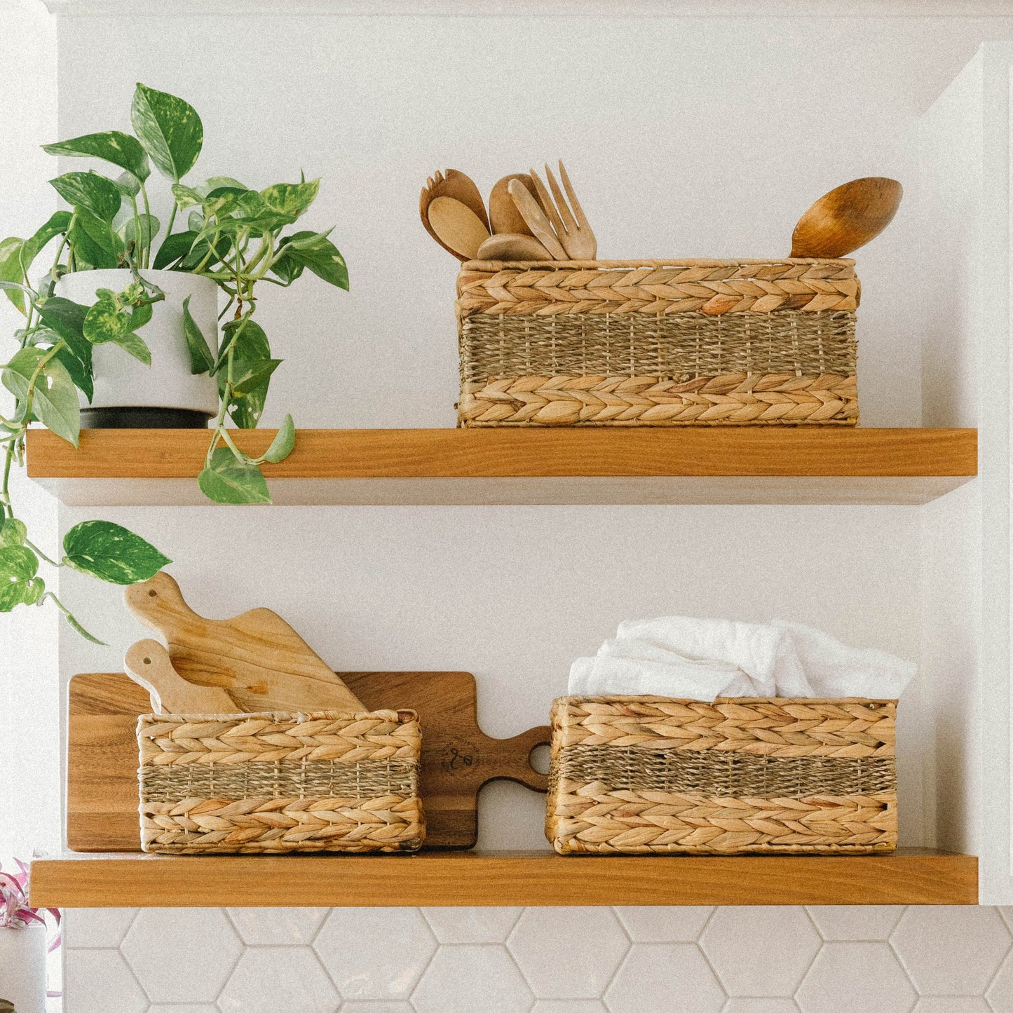 Rectangular Water Hyacinth and Seagrass Storage Baskets, Set of 4