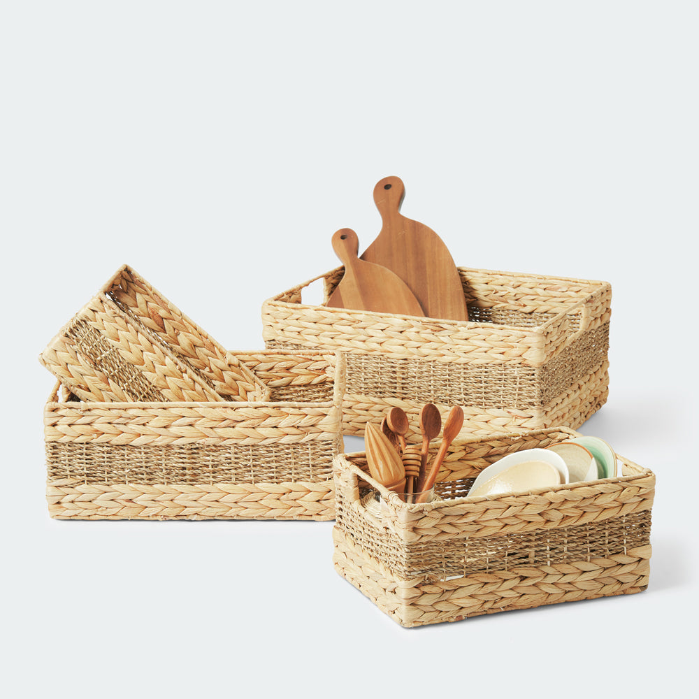 Rectangular Water Hyacinth and Seagrass Storage Baskets, Set of 4