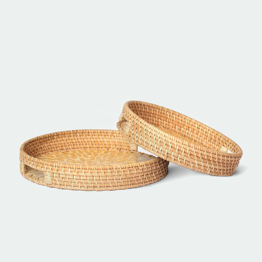 Mother of Pearl Inlay Rattan Wicker Tray Set