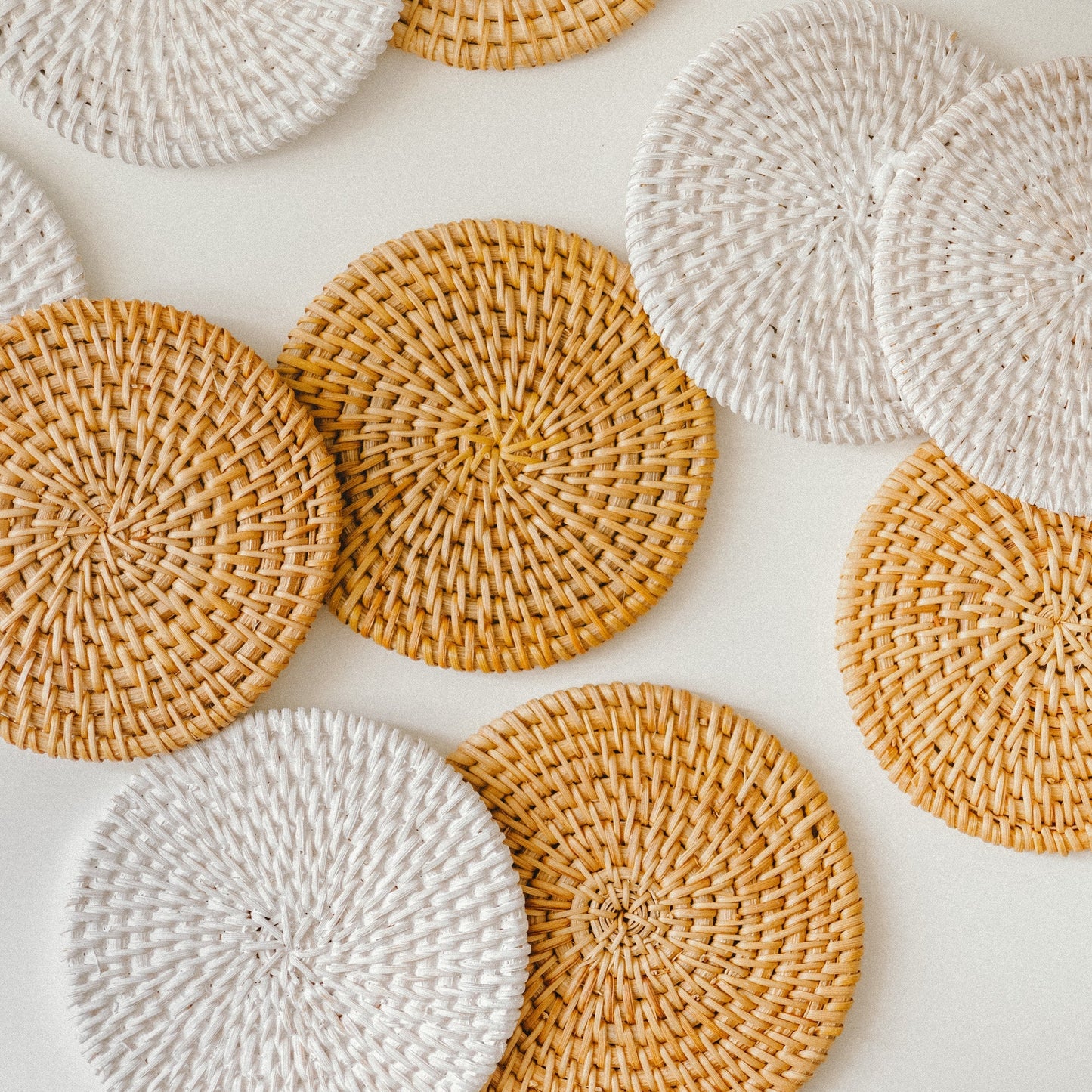 Round White and Orange Rattan Coaster Set of 6