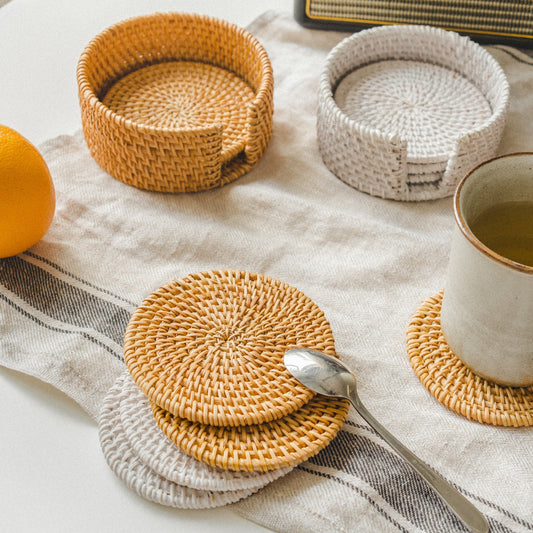 Round White and Orange Rattan Coaster Set of 6