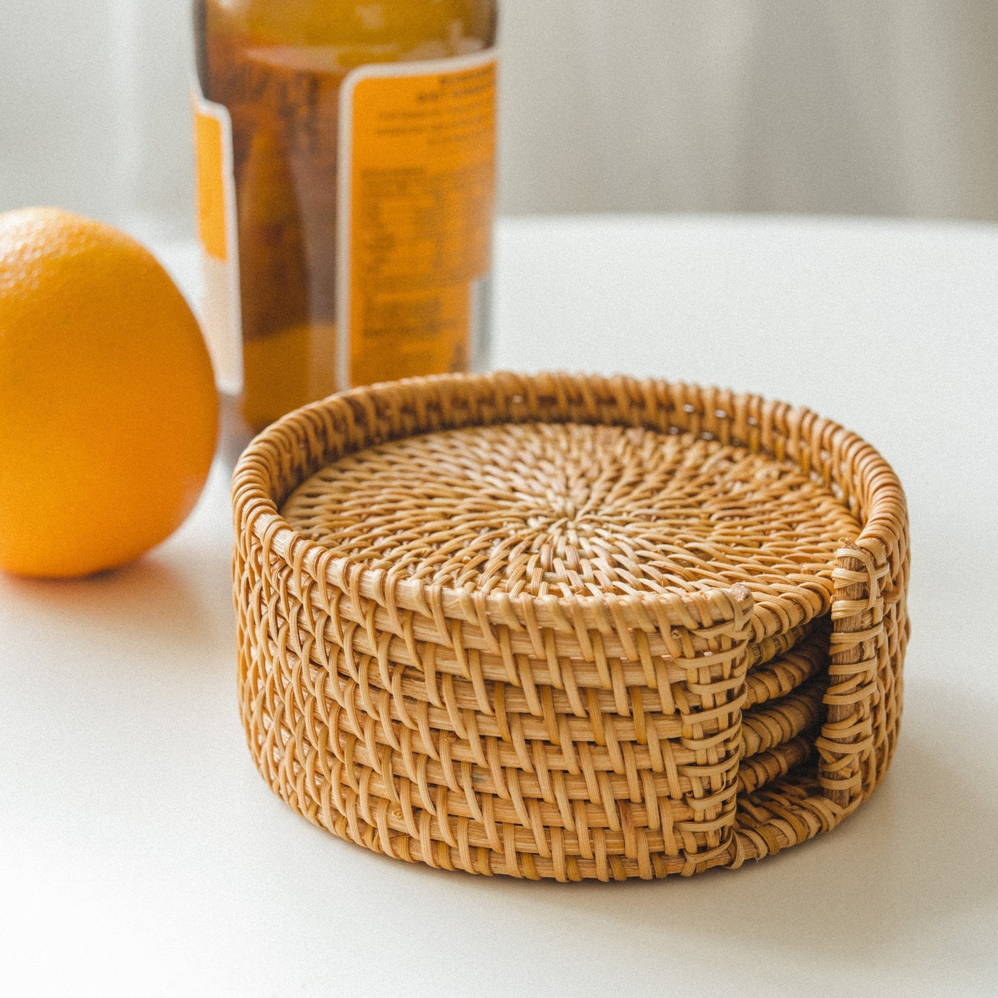 Round White and Orange Rattan Coaster Set of 6