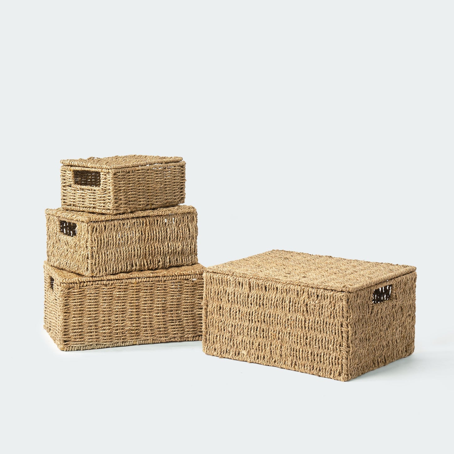Rectangular Seagrass Lidded Wicker Basket Set of 4