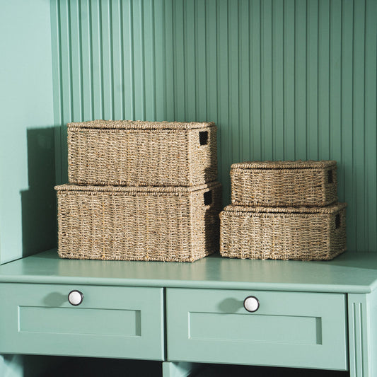 Rectangular Seagrass Lidded Wicker Basket Set of 4