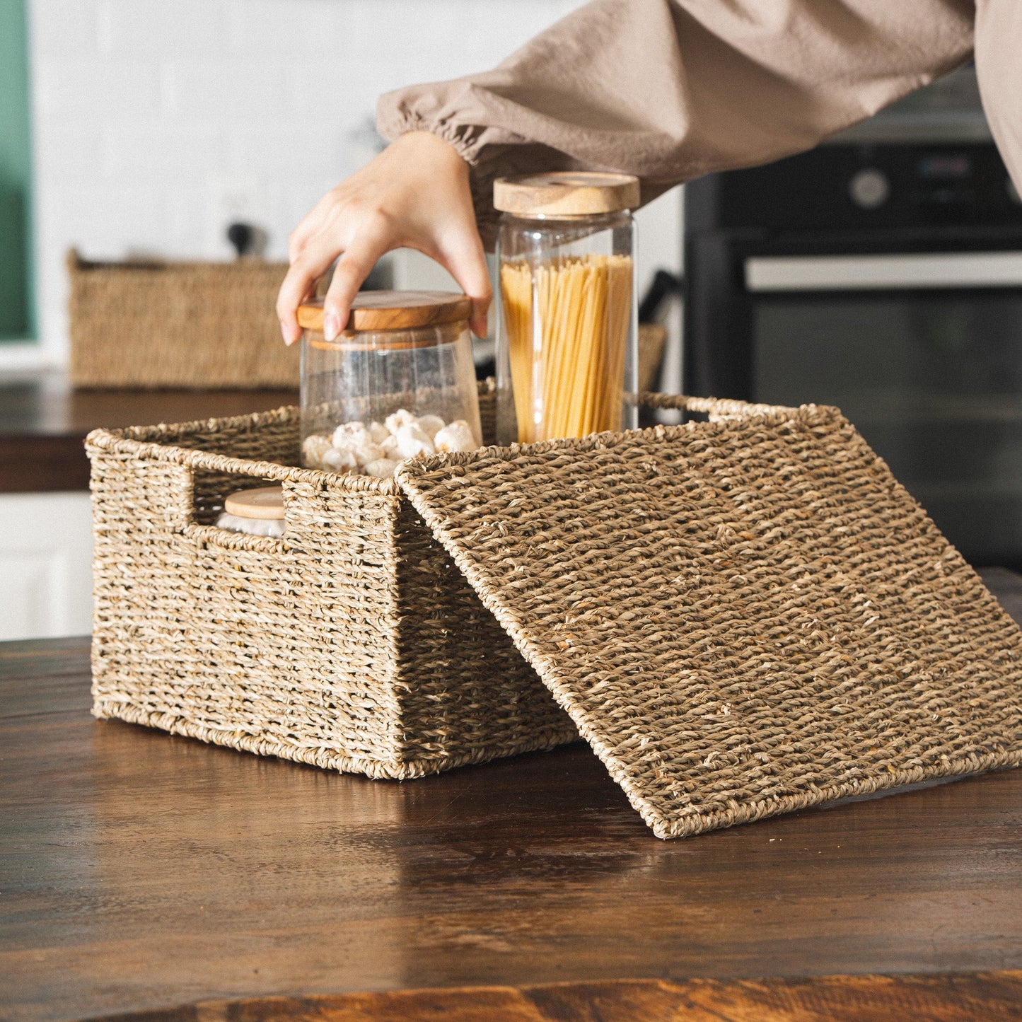 Rectangular Seagrass Lidded Wicker Basket Set of 4
