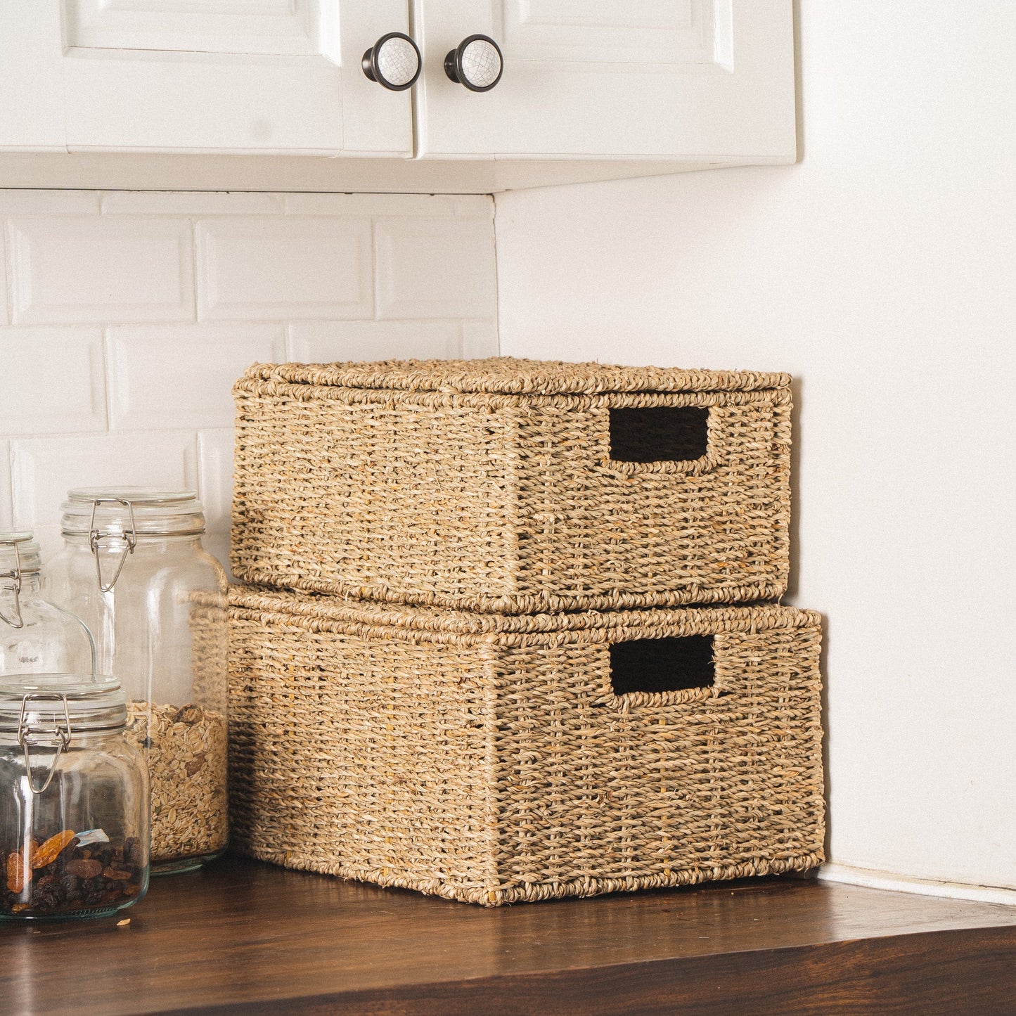 Rectangular Seagrass Lidded Wicker Basket Set of 4