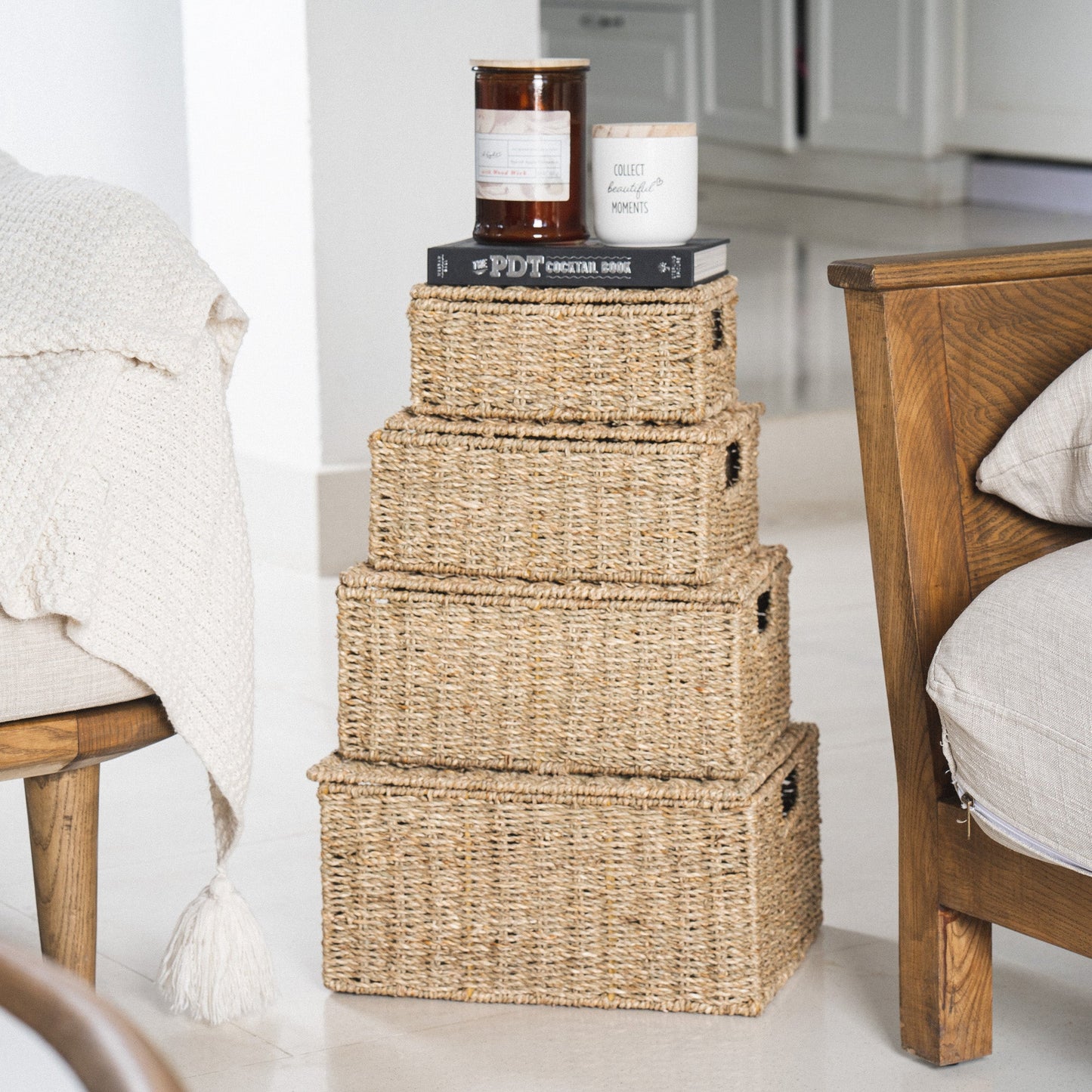 Rectangular Seagrass Lidded Wicker Basket Set of 4