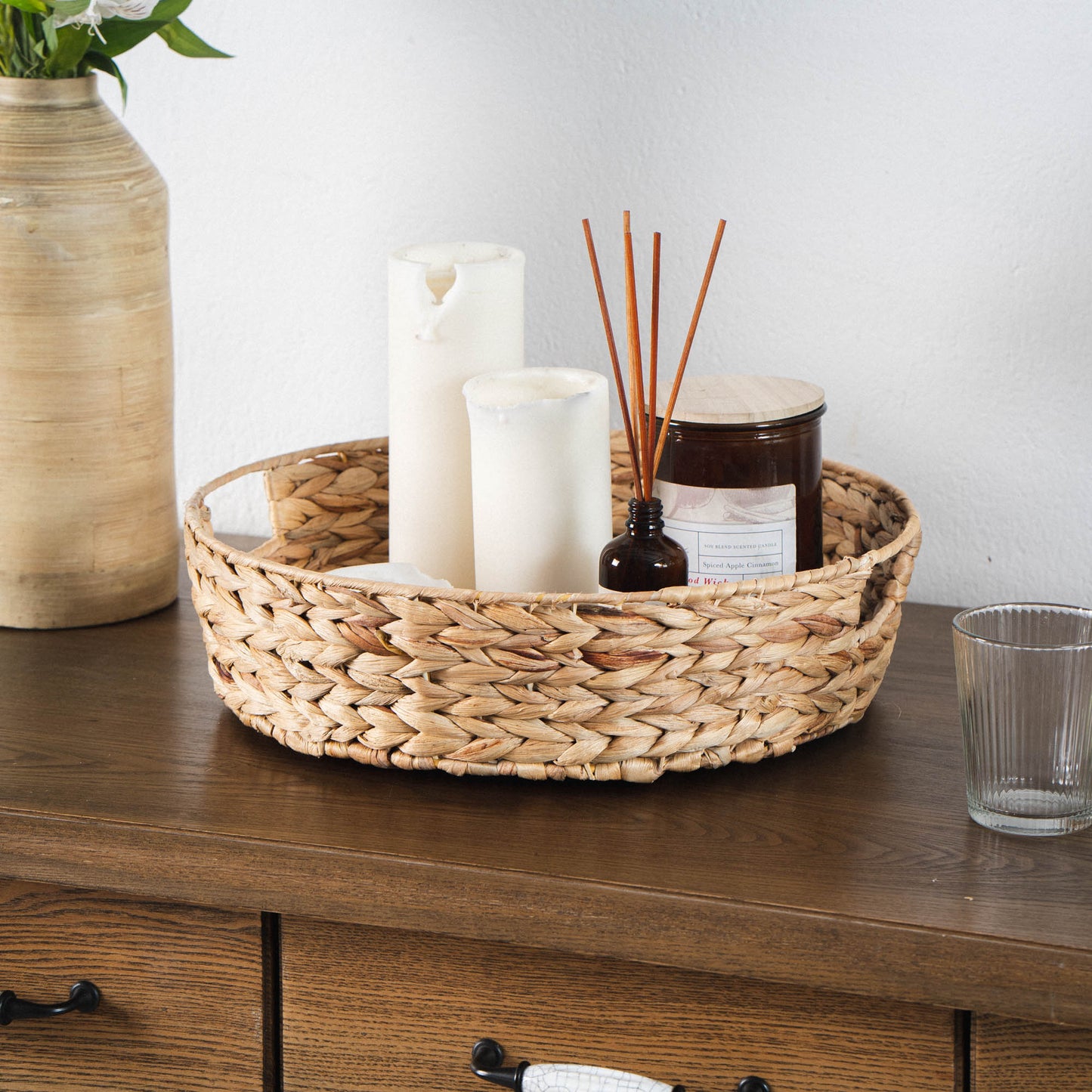 Round Natural Brown Water Hyacinth Wicker Tray