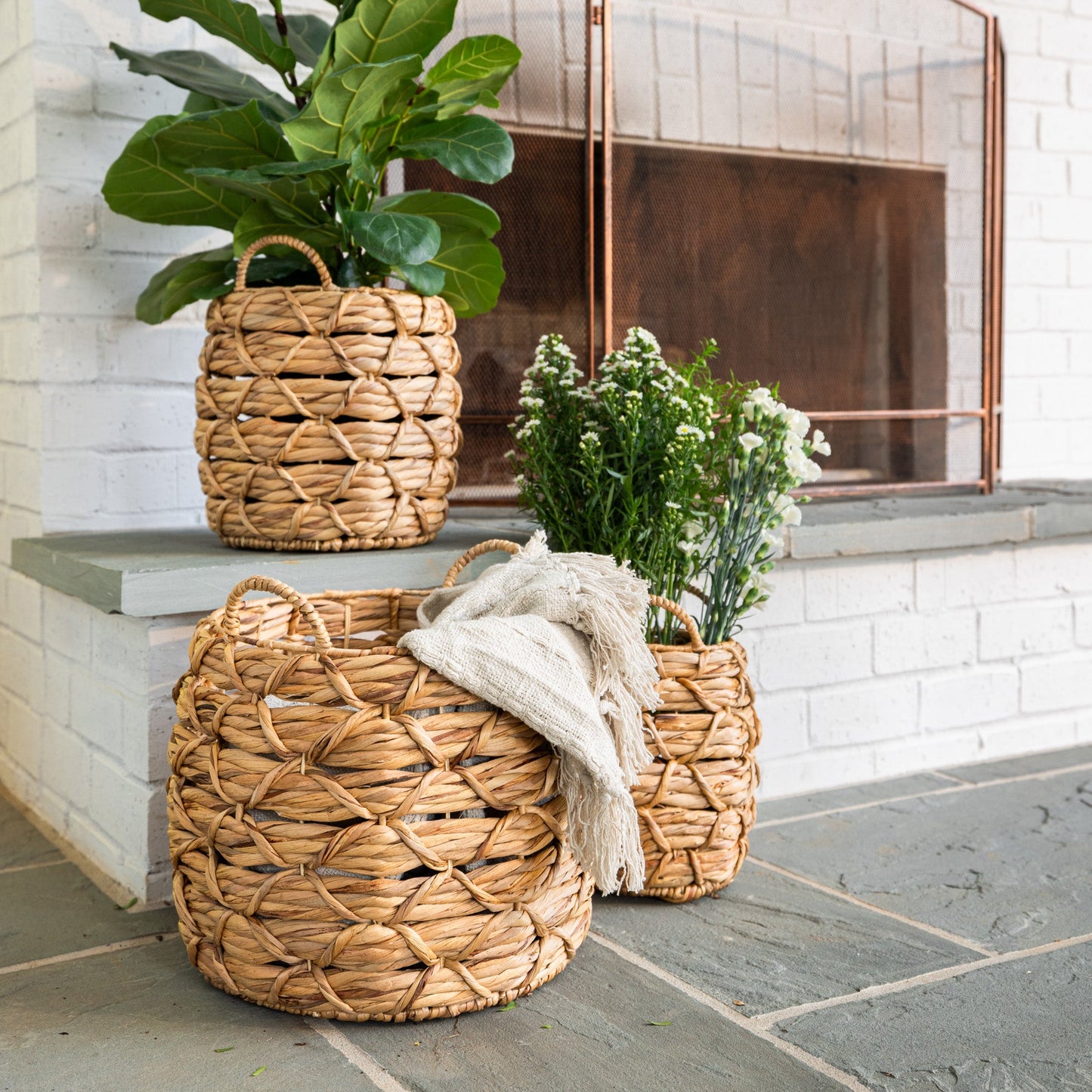 Water Hyacinth Baskets with Braided Detail, Set of 3