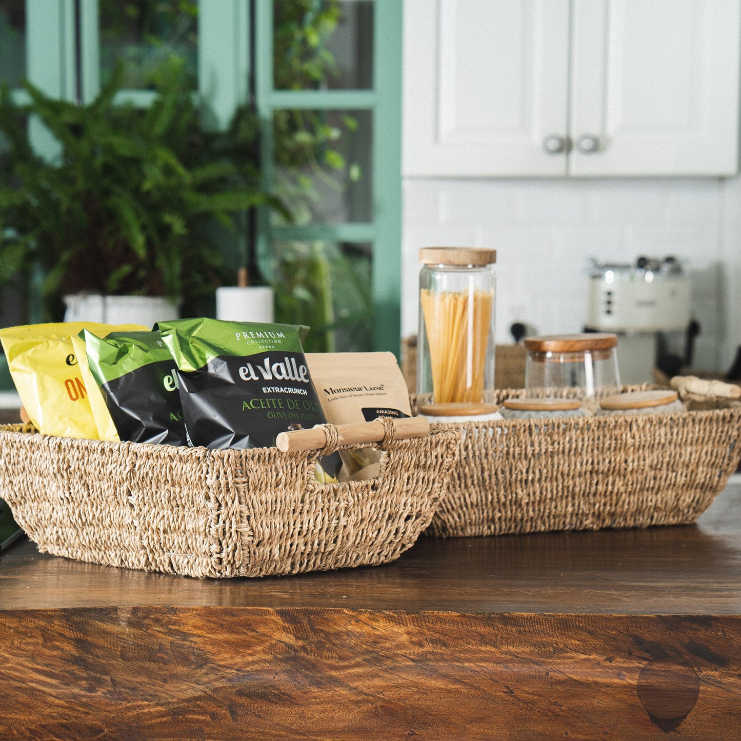 Shallow Seagrass Basket With Wooden Handles, Set of 2