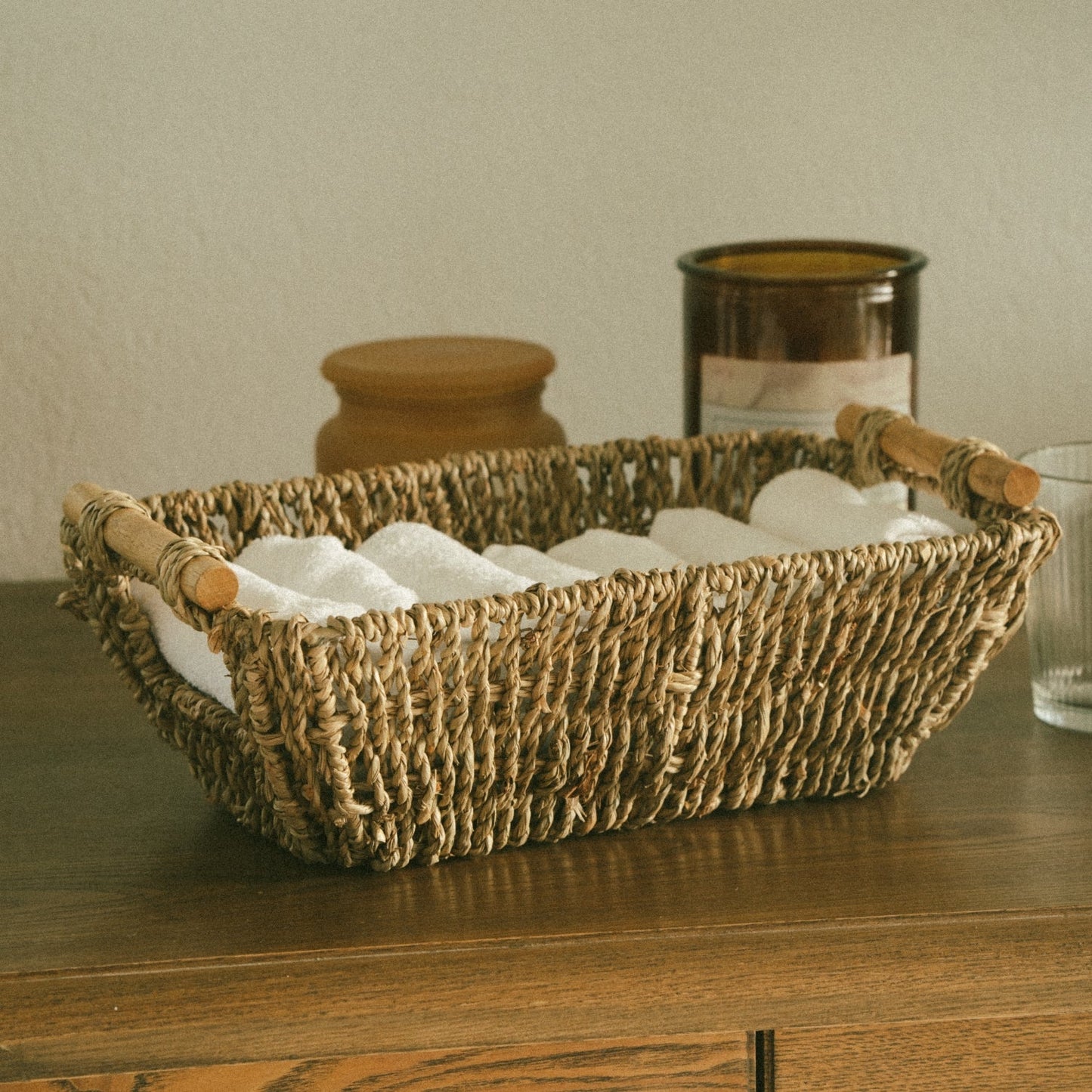 Shallow Seagrass Basket With Wooden Handles, Set of 2