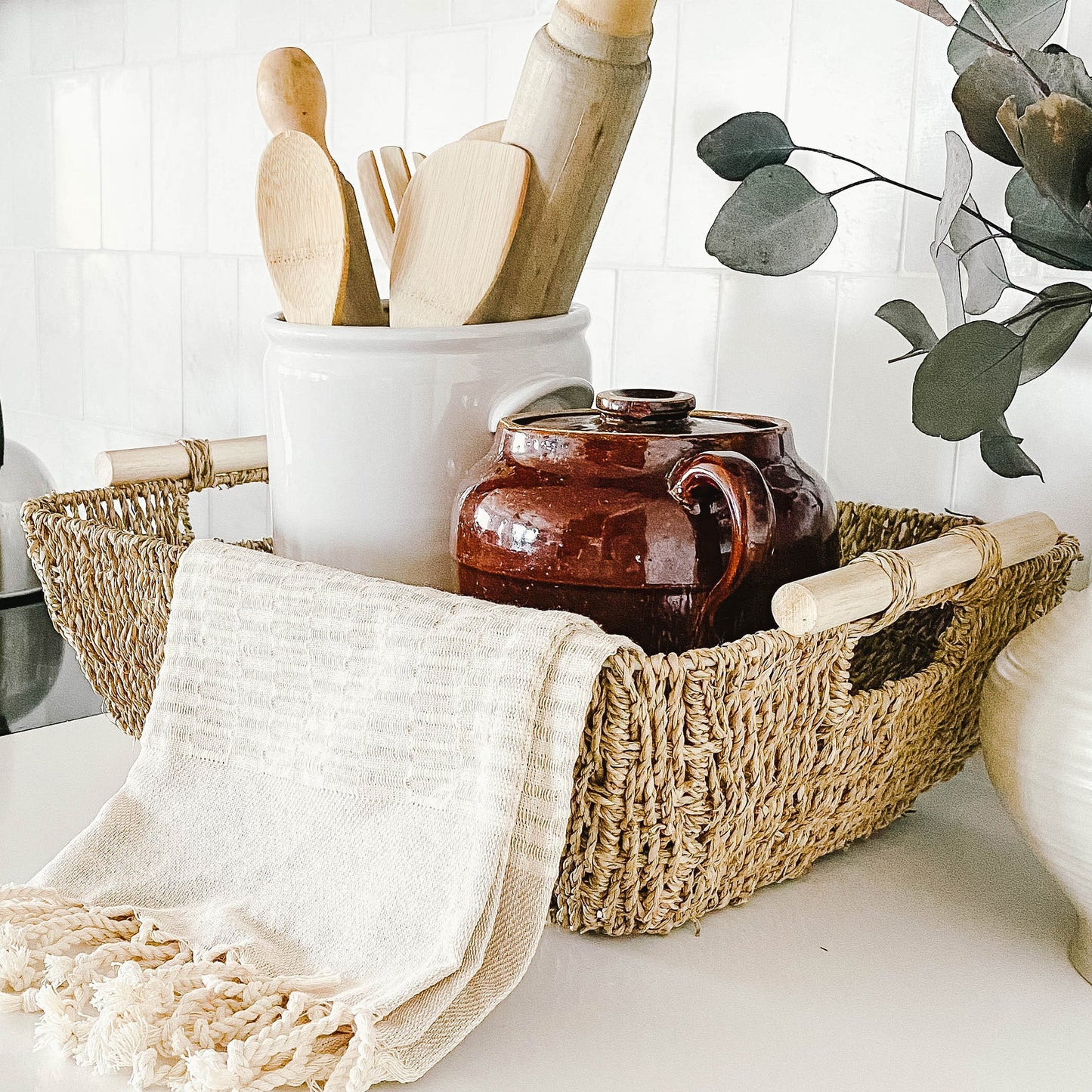 Shallow Seagrass Basket With Wooden Handles, Set of 2