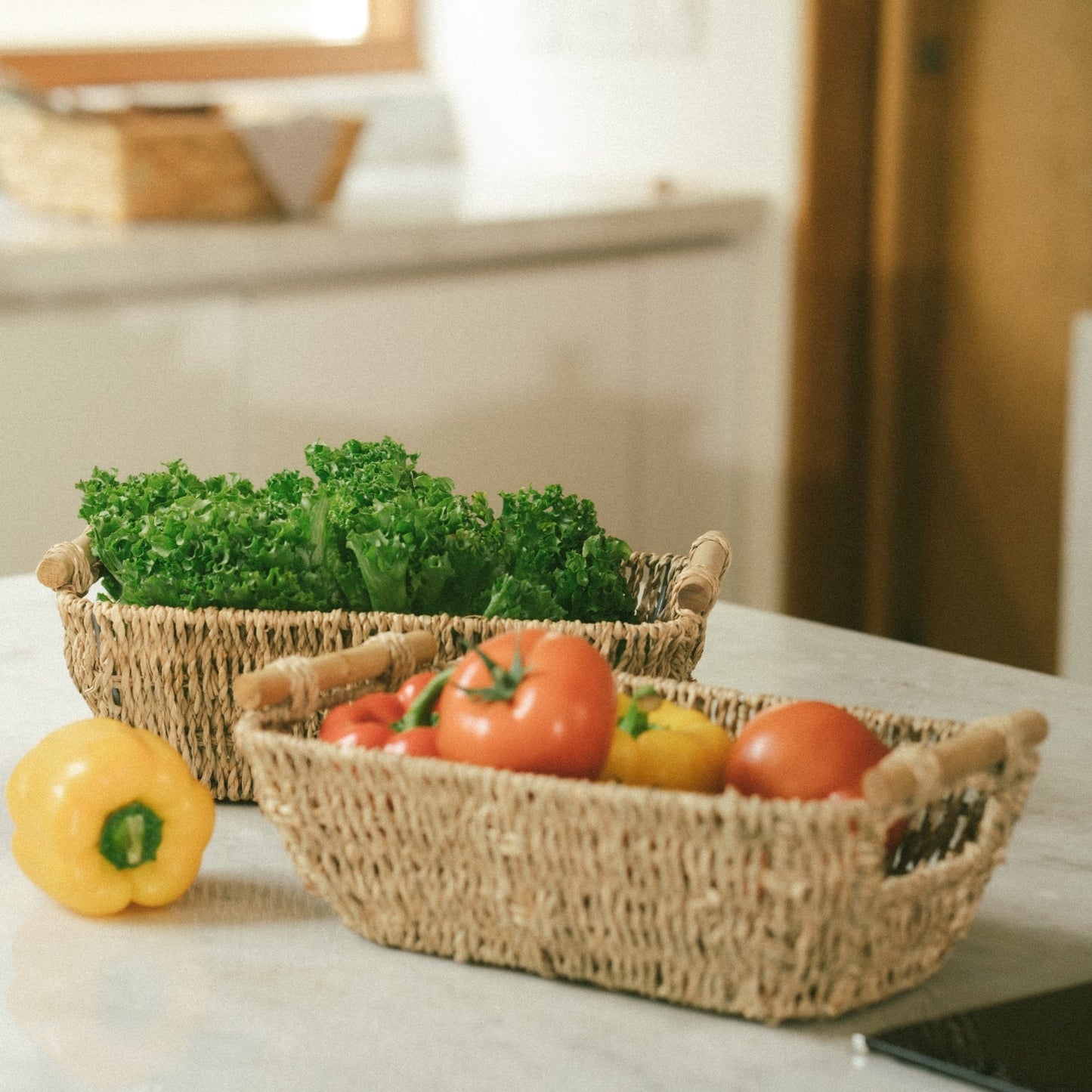 Shallow Seagrass Basket With Wooden Handles, Set of 2