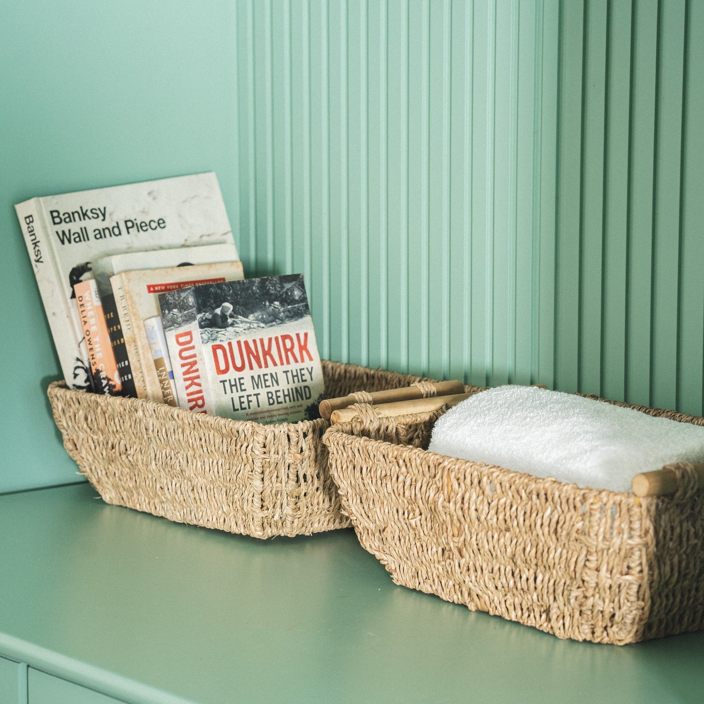 Shallow Seagrass Basket With Wooden Handles, Set of 2