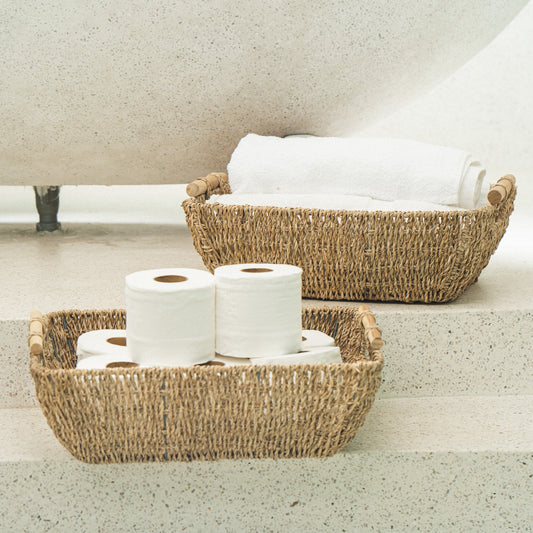 Shallow Seagrass Basket With Wooden Handles, Set of 2