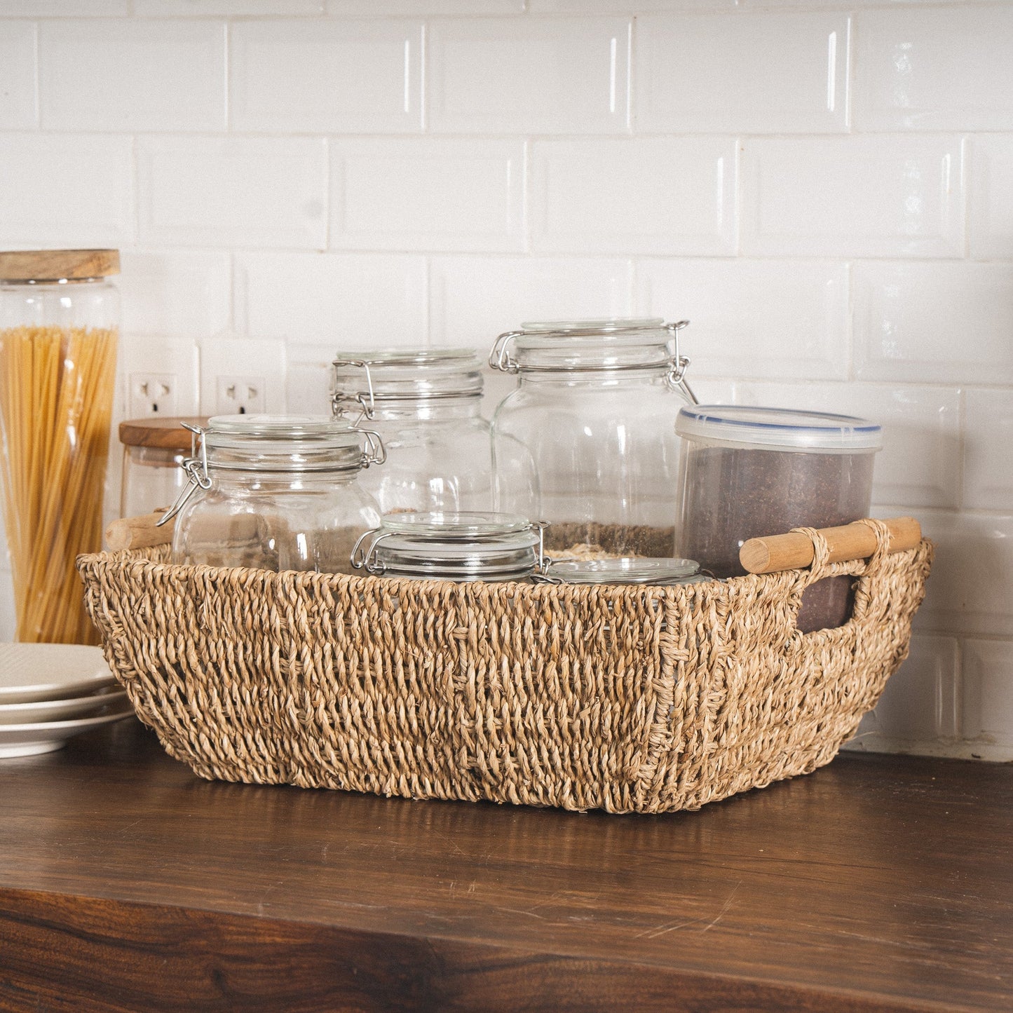 Shallow Seagrass Basket With Wooden Handles