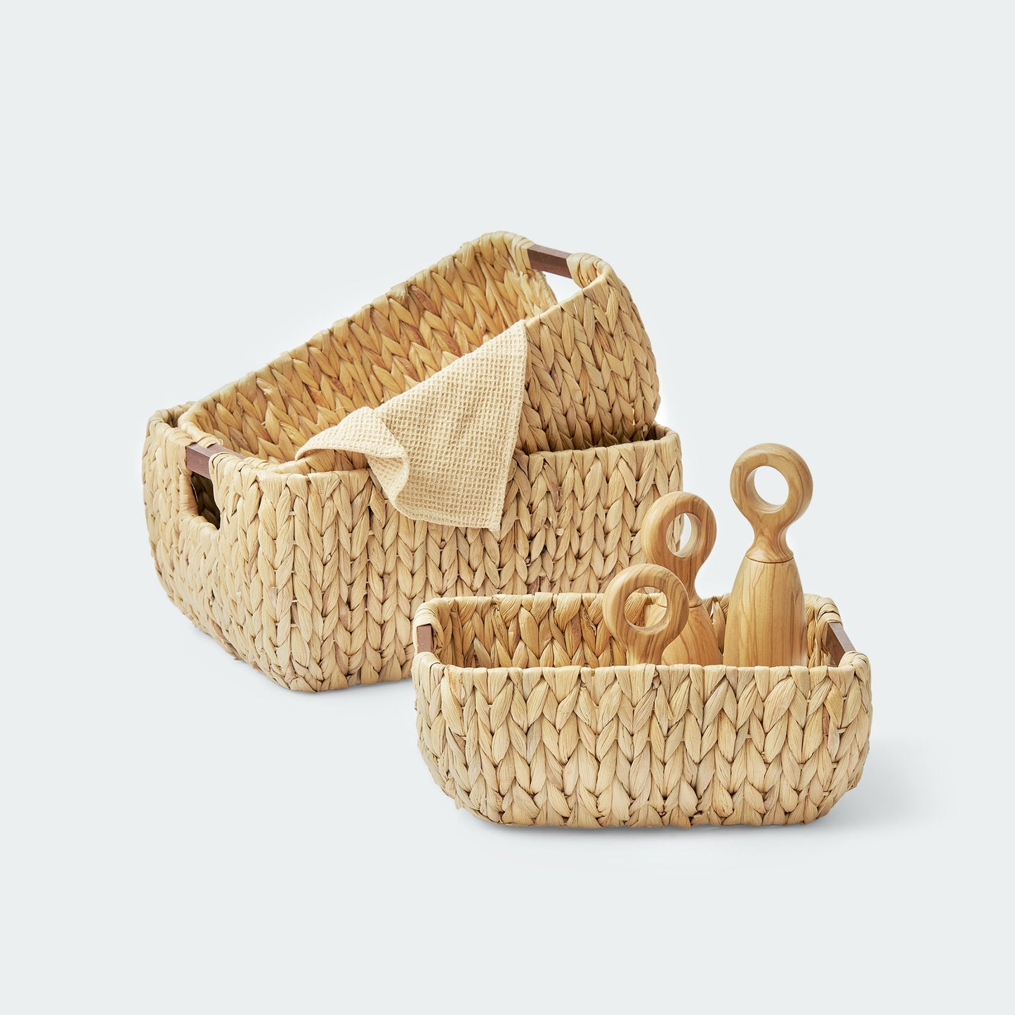 Water Hyacinth Storage Basket with Wood Handles, Set of 3